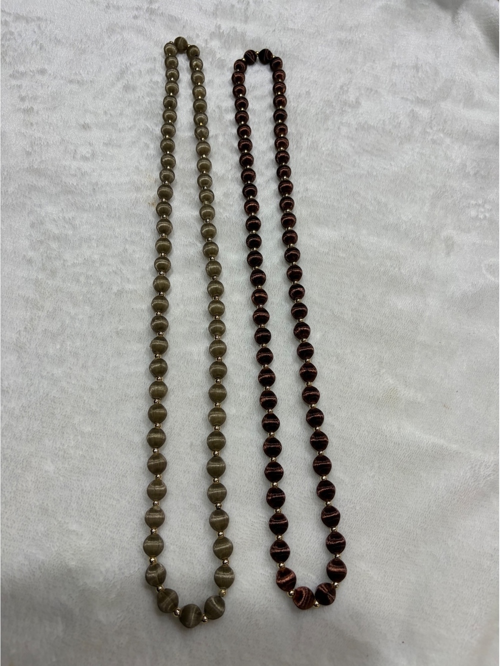 Lot of 2 vintage silk/satin covered beads necklaces brown grey